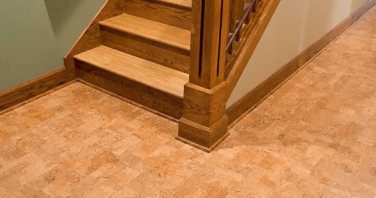 End of a staircase with cork flooring in Aurora, CO