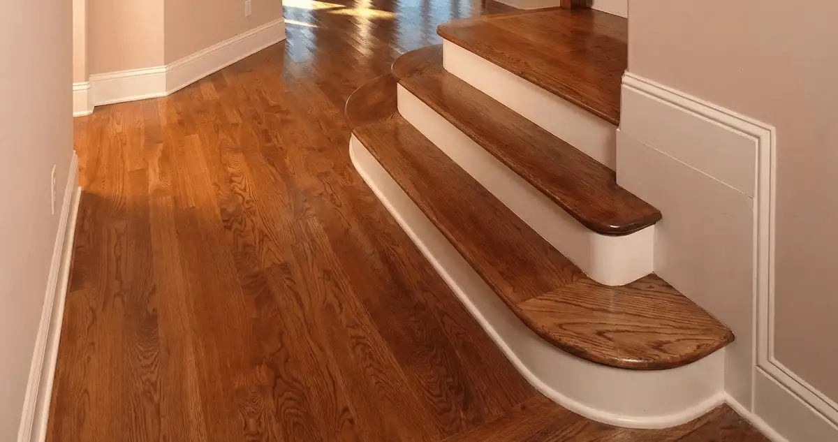 Base floor of a staircase with professionally restored wood flooring in Aurora CO