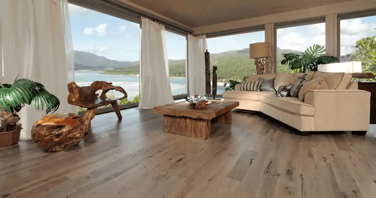Professionally installed vinyl flooring in a modern living room with large windows in Aurora, CO
